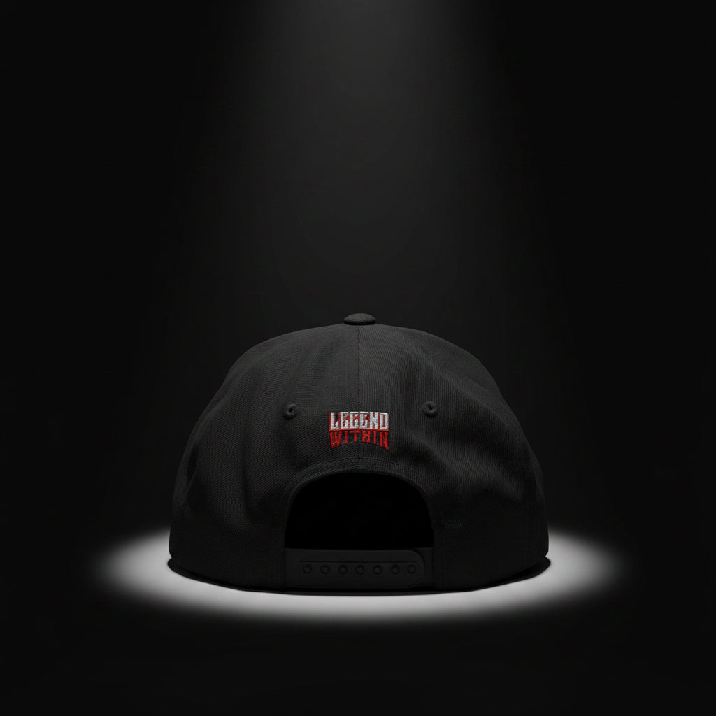 LegendWithin Discipline Snapback Hat in black with flat brim and adjustable snap closure