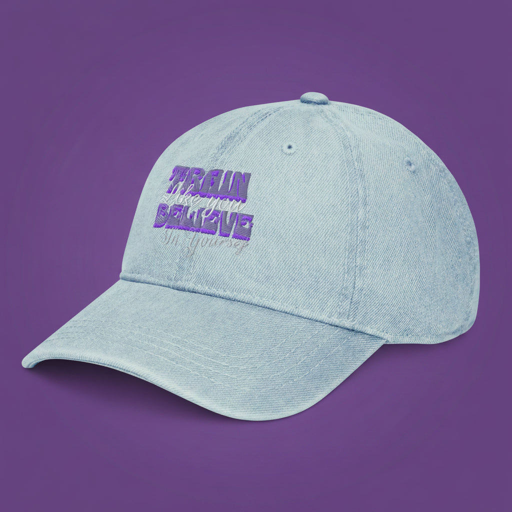 SoOptimistic Aura Denim Hat 100% cotton six-panel adjustable cap with low profile and soft crown