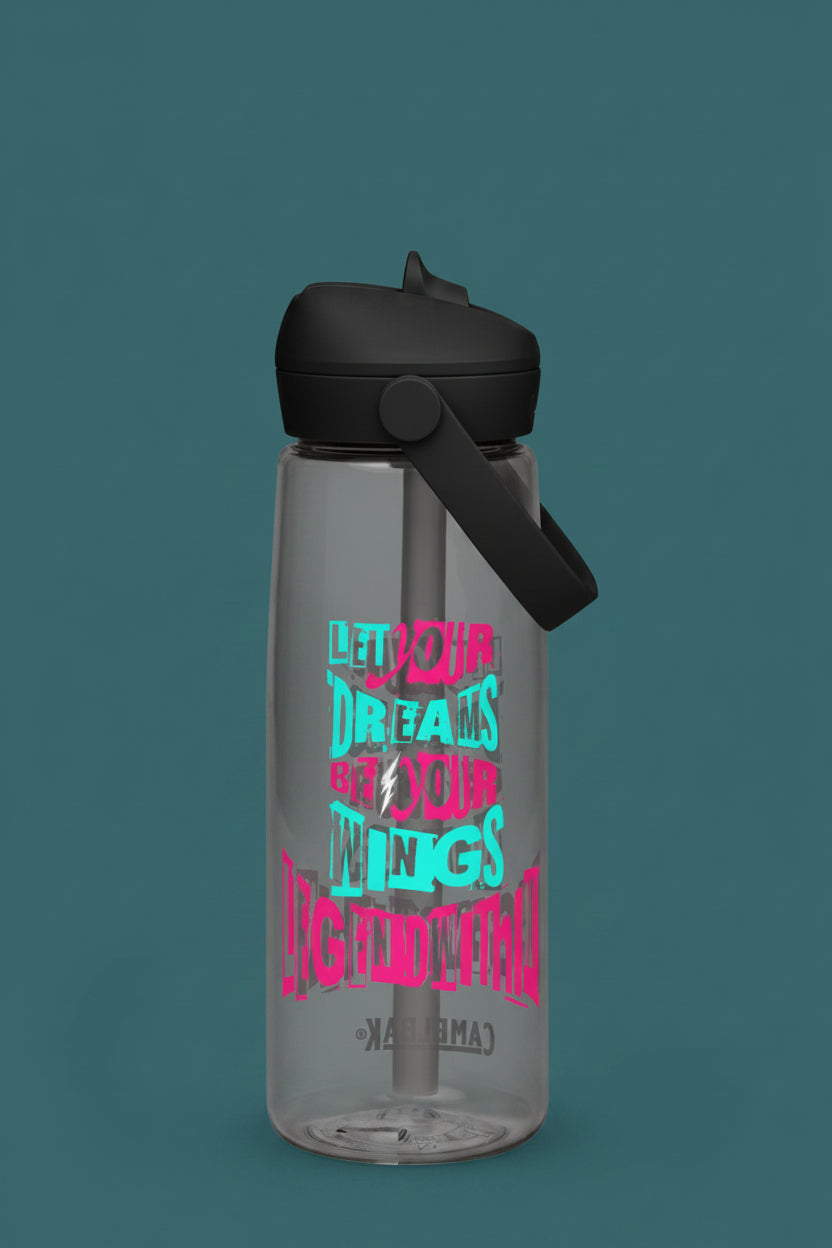 LegendWithin Dream's Flip straw water bottle made from 50% recycled plastic, stain and shatter resistant, with leak-proof cover and bite valve, 25 oz capacity