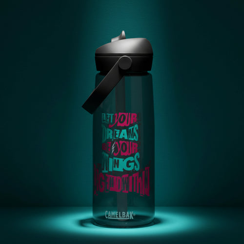 LegendWithin Dream's Flip straw water bottle made from 50% recycled plastic with leak-proof cover and spill-proof bite valve.