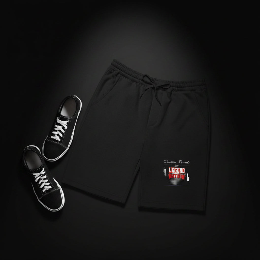 LegendWithin Men's fleece shorts in grey heather with elastic waistband, back pocket, and jersey-lined hand pockets.