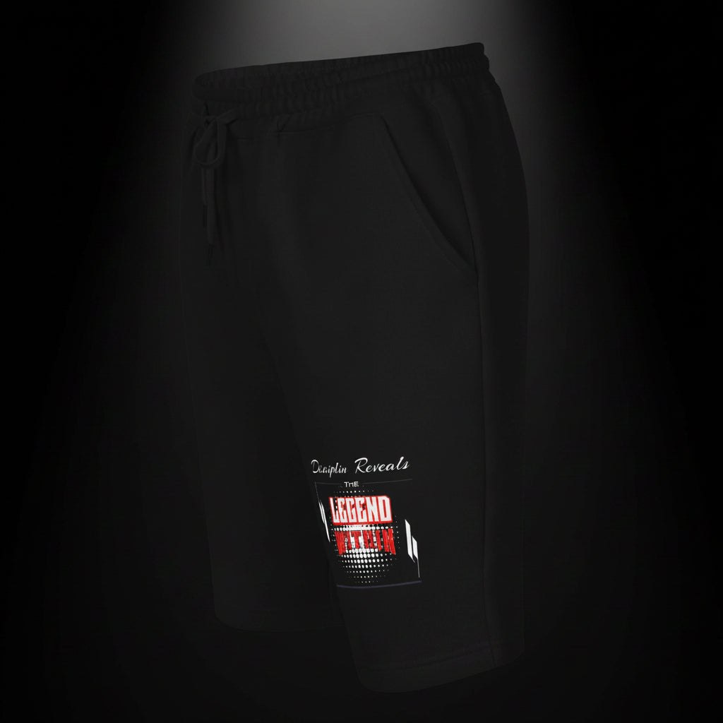 LegendWithin Men's fleece shorts in grey heather with elastic waistband, drawcord, back pocket, and jersey-lined hand pockets.